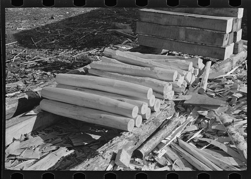 Pile of stakes made with broadaxe at camp near Effie, Minnesota