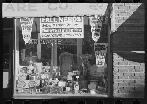 Hardware store window, Crosby, North Dakota
