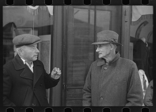 Farmers talking, Saturday afternoon, Williston, North Dakota