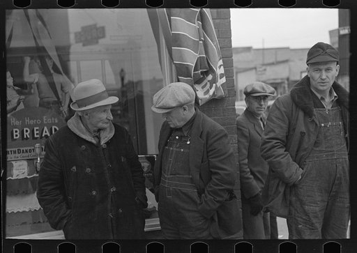 Farmers talking, Saturday afternoon, Williston, North Dakota