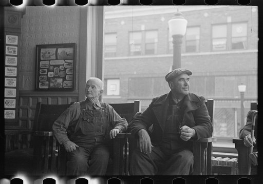 Untitled photo, possibly related to: Men in the lobby of the Great Northern Hotel, Williston, North Dakota