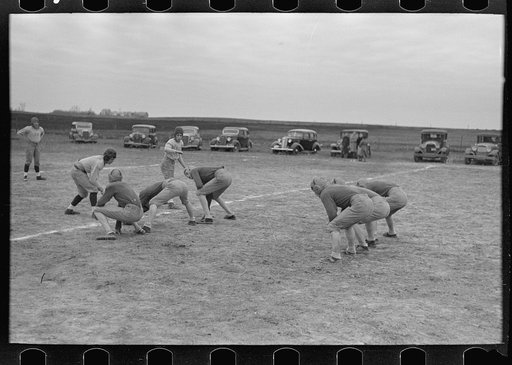 Six-man football, Wildrose, Williams County, North Dakota. High schools have fallen off so much in attendance that many smaller towns play with six men instead of eleven
