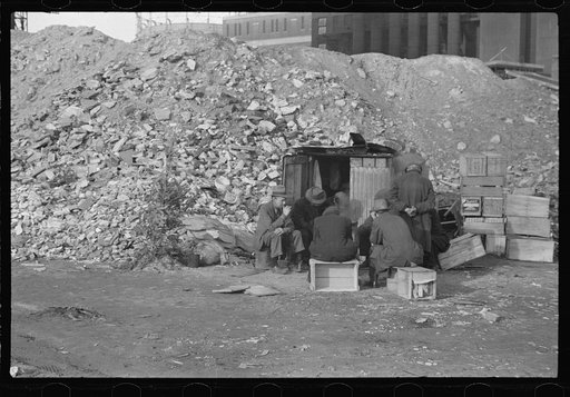 Untitled photo, possibly related to: Unemployed workers in front of a shack with Christmas tree, East 12th Street, New York City