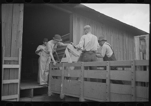 Untitled photo, possibly related to: Southeast Missouri Farms. Loading new furniture, bought by FSA (Farm Security Administration) loans, on truck at warehouse