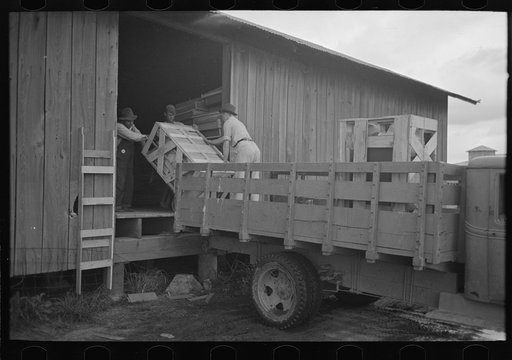 Untitled photo, possibly related to: Southeast Missouri Farms. Loading cook stove on to truck for transporting to new farm unit