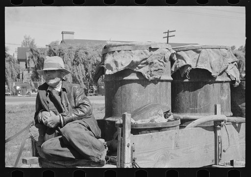 Untitled photo, possibly related to: Farmer sitting in wagon at liquid feed loading station at Owensboro, Kentucky