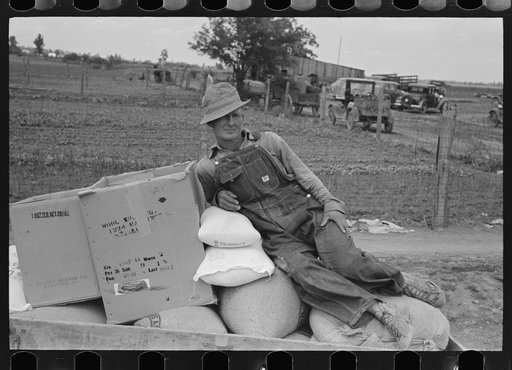 Southeast Missouri Farms. FSA (Farm Security Administration) client sitting on load of groceries in trailer