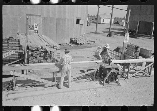 Untitled photo, possibly related to: House plant. Precutting material for delivery to the job. Southeast Missouri Farms Project
