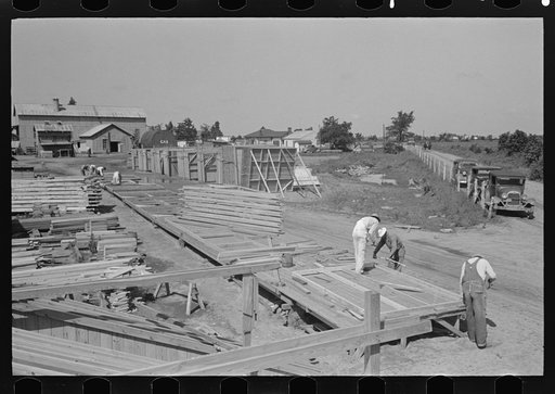 Untitled photo, possibly related to: Barn plant. General view of layout of precutting plant, showing movement of material from left to right. Southeast Missouri Farms Project