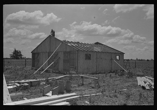 Barn erection. Placing precut rafters for the roof system. Southeast Missouri Farms Project