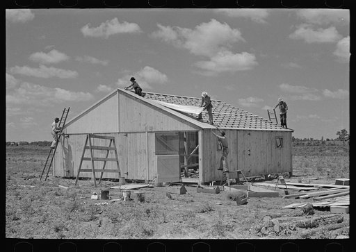 Barn erection. Placing corrugated metal roofing. Southeast Missouri Farms Project