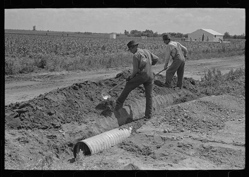 Southeast Missouri Farms Project. Fitting culvert between main road and farm drive