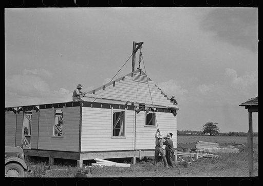 Southeast Missouri Farms Project. House erection. Lowering gable end into place by means of gin pole