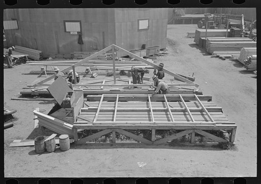 House plant. View of framing tables for panels, gable ends and trusses. Southeast Missouri Farms Project