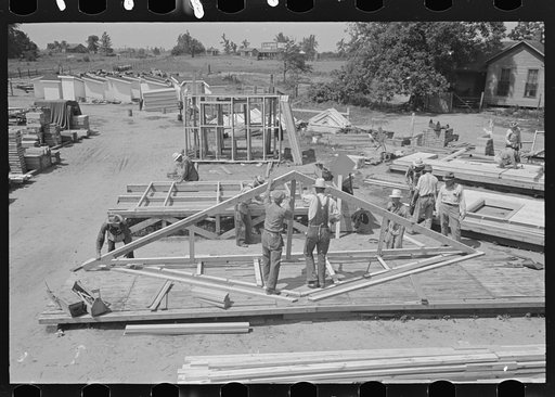 Untitled photo, possibly related to: House plant. Making up truss in jig. Southeast Missouri Farms Project