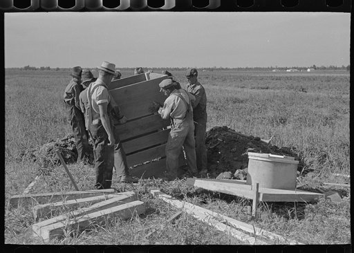 Southeast Missouri Farms Project. Privy erection. Placing wood cribbing in privy well
