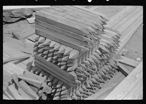 Stack of engineering stakes precut in the shop house plant. Southeast Missouri Farms Project