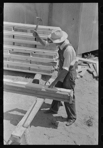 House plant. Making up ceiling board nailers in a wooden jig. Southeast Missouri Farms Project