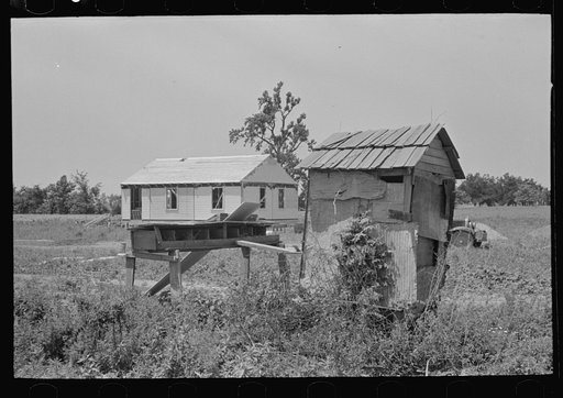 Privy and primitive henhouse with new house in the rear, Southeast Missouri Farms