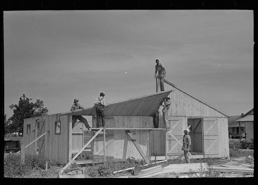 Barn erection. Raising last half of gable end panel into place. Southeast Missouri Farms Project