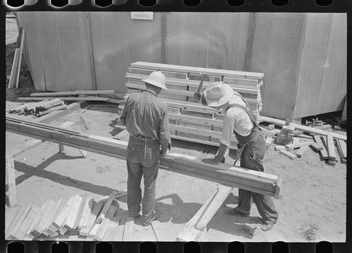 Untitled photo, possibly related to: House plant. Jig for assembling ceiling board nailers. Southeast Missouri Farms Project