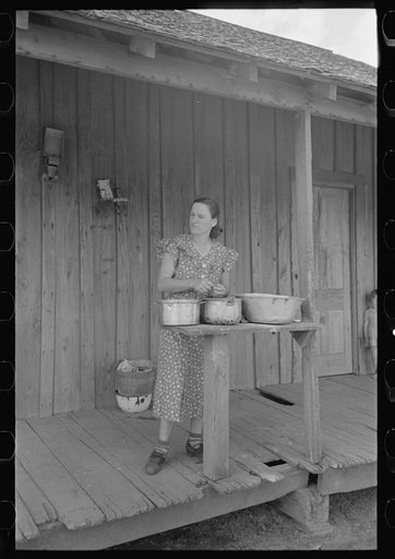 Untitled photo, possibly related to: Wife of FSA (Farm Security Administration) client shelling peas on porch of old shack home, New Madrid County, Missouri