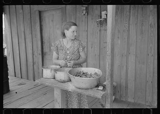 Wife of FSA (Farm Security Administration) client shelling peas on porch of old shack home, New Madrid County, Missouri