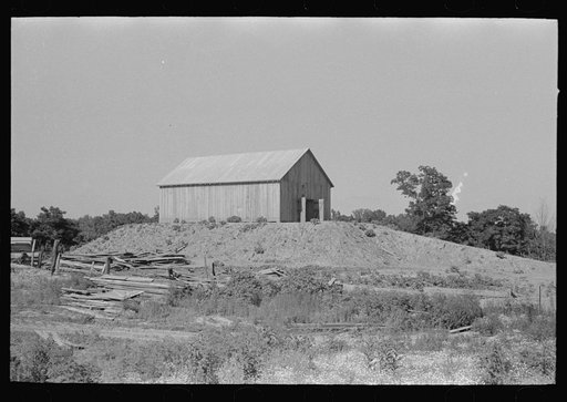 Barn on a hummock in Bird's Point, New Madrid Fuse Plug Levee District. Elevation is artificially made so as to be above flood level