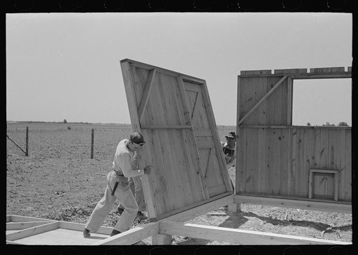 Barn erection, raising panel to sill, Southeast Missouri Farms Project