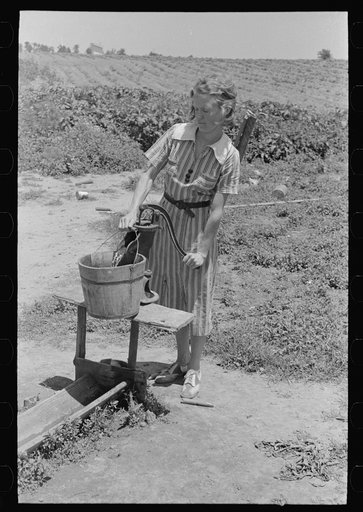 Daughter of sharecropper pumping water, New Madrid County, Missouri