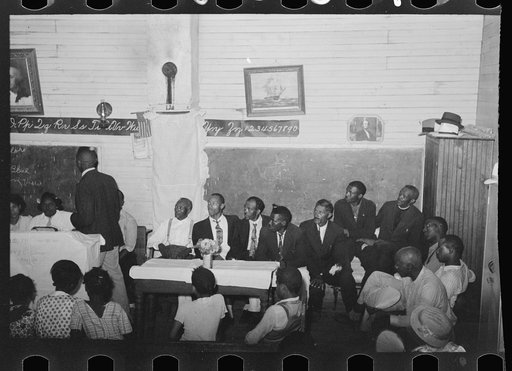 Untitled photo, possibly related to: Group of Negroes at revival meeting, La Forge, Missouri