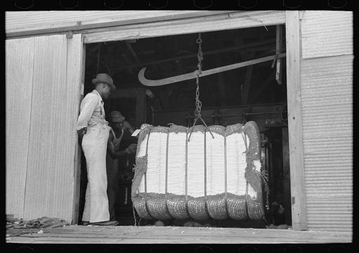 Untitled photo, possibly related to: Painting identification marks on a bale of cotton, Lehi, Arkansas