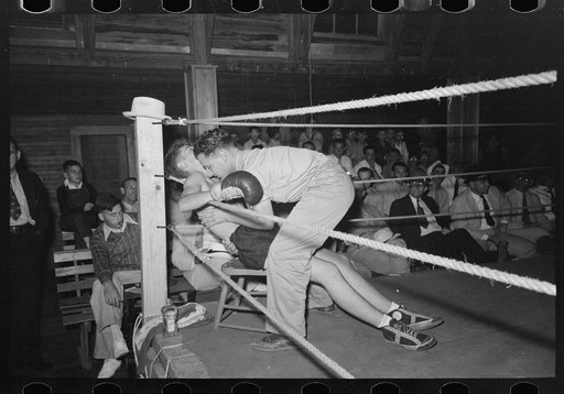 Second tending to boxer in corner of ring, Rayne, Louisiana