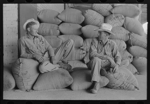 Farmers sitting on bags of rice, state mill, Abbeville, Louisiana
