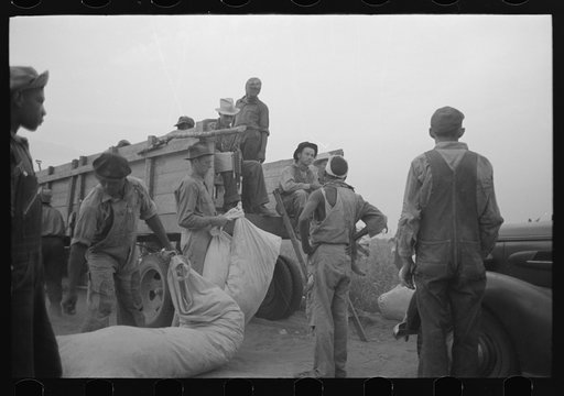 Untitled photo, possibly related to: Day laborers, cotton pickers, waiting to be paid off at end of day's work. Lake Dick Project, Arkansas