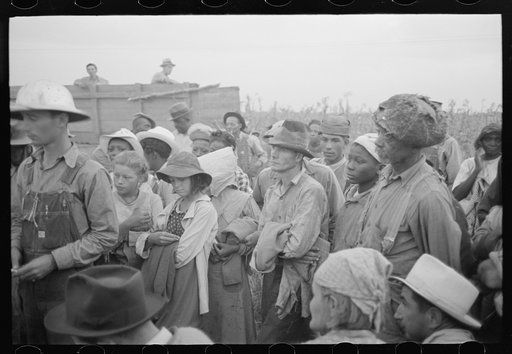 Untitled photo, possibly related to: Cotton pickers being paid off, Lake Dick Project, Arkansas