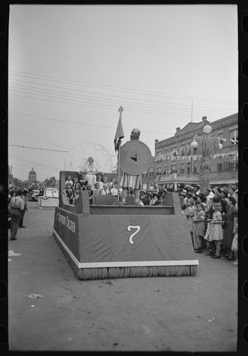 Float of the state of Louisiana drawing attention to the public welfare tax, National Rice Festival, Crowley, Louisiana