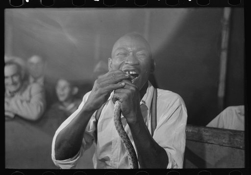 Man biting snake at sideshow, state fair, Donaldsonville, Louisiana