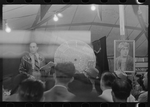 Untitled photo, possibly related to: Fortune teller and mind reader in sideshow, state fair, Donaldsonville, Louisiana