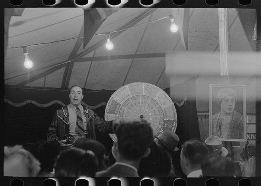 Fortune teller and mind reader in sideshow, state fair, Donaldsonville, Louisiana
