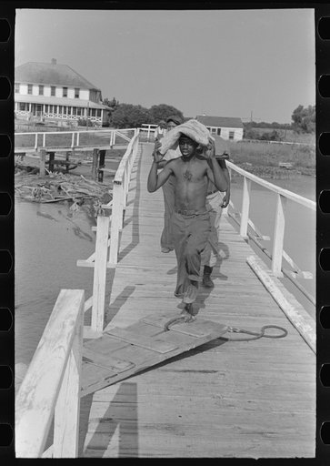 Untitled photo, possibly related to: Negro stevedore handling lumber in unloading process, Pilottown, Louisiana, the "El Rito"