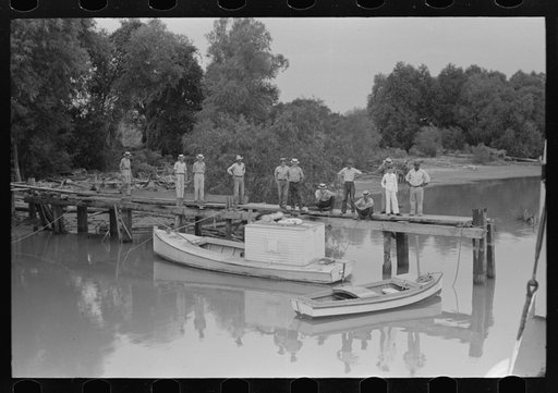 Untitled photo, possibly related to: Unloading oysters from fisherman's boat, Olga, Louisiana