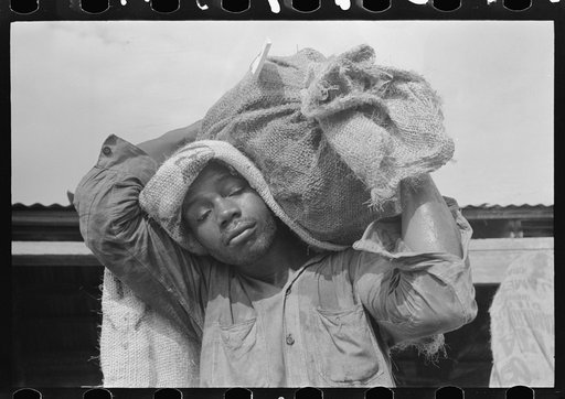 Negro stevedore with sack of oysters, Olga, Louisiana