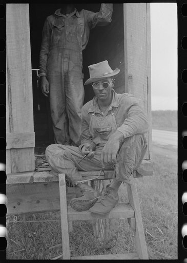 Negro sitting in wagon which is moved in the fields to be used for protection from rain, sugarcane fields, New Iberia, Louisiana
