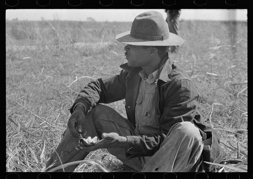 Untitled photo, possibly related to: Negro sugarcane worker eating lunch in field near New Iberia, Louisiana
