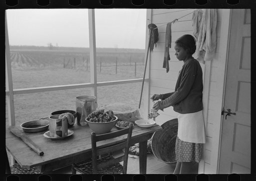 Untitled photo, possibly related to: Farmer's wife grinding meat to make sausage, Lakeview Project, Arkansas