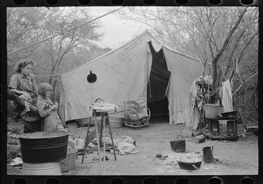 Tent home of white migrant from Arizona, near Harlingen, Texas