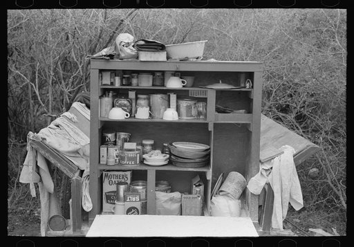 Detail of kitchen cabinet on trailer of white migrant near Harlingen, Texas