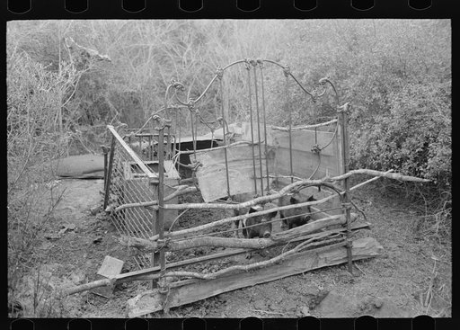 Pigpen made on parts of old beds, near Harlingen, Texas, in white migrant camp