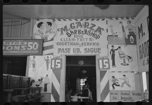 Decorations in front of Mexican barbershop, San Antonio, Texas